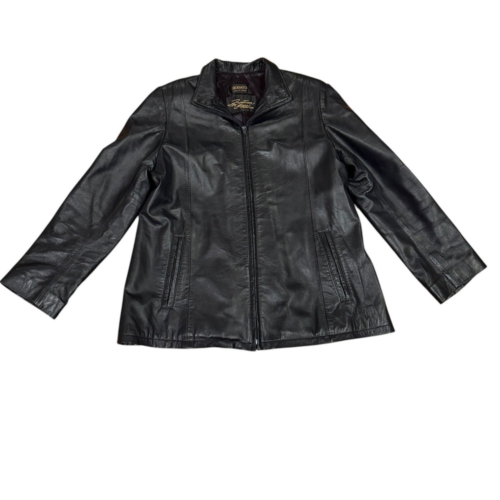 Y2K vtg soft supple Bogato Black Leather Zip Up Jacket Made in Canada Womens XL